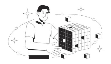 OLAP veri küpü analiz çizgisi illüstrasyon kavramı. Dijital analitik işlem. İş zekası. Modüler veritabanı anahatlı analist 2D karakter izole edildi. Mürekkep doğrusal metafor vektör sanatı