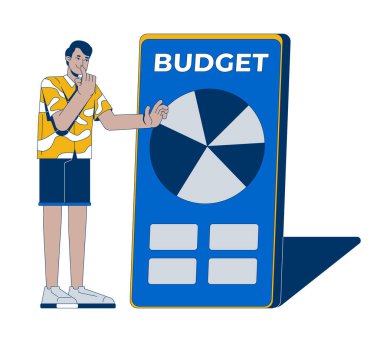 Uygulamanın 2D çizelgesini analiz eden adam. Finansal planlama. Harcamalar takip ediyor. Akıllı telefon çizgi film karakteri beyaza izole edilmiş. Düz soyut vektör benzetmesi