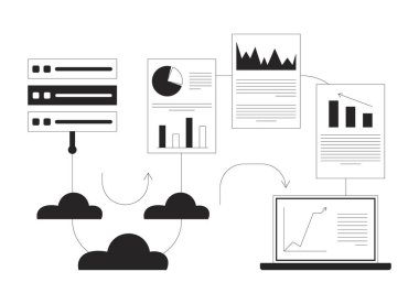 Veri analizlerini sunucudan dizüstü bilgisayara aktarın. Bulut hesaplama, veritabanı işleme, iş zekası ana hatları 2D bileşimi izole edildi. Mürekkep doğrusal metafor vektör sanatı