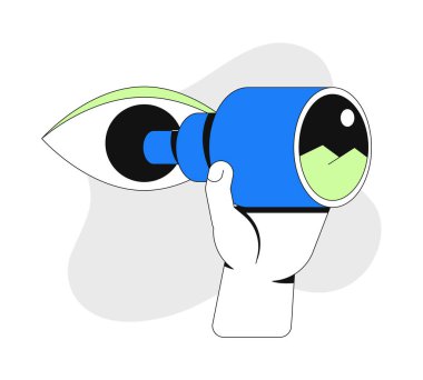 Teleskop 2D 'den görüntü alıyoruz. Dört gözle bekliyorum. İleri görüşlülük. Geleceği planlamak. Stratejik gözlem karikatürü konsepti beyaza izole edildi. Düz soyut vektör benzetmesi