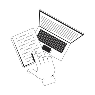 Ui illüstrasyonunda veri satırına çalış. Belge işleme, dijital hale getirme. E-öğrenme. 2 boyutlu dizüstü bilgisayarı olan evrakları işaret eden parmak izleri izole edildi. Mürekkep doğrusal metafor vektör sanatı