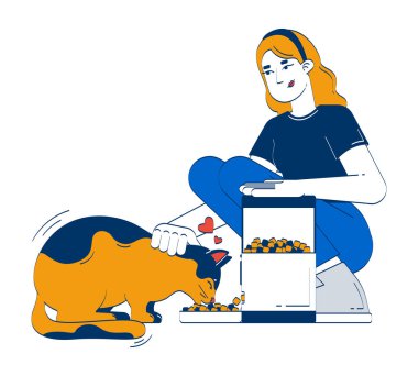 Otomatik kedi besleyicisi karikatür çizimi. Akıllı evcil hayvan teknolojisi. Yemek dağıtıcısını kontrol et. Kediciği besleyen tek cihaz beyazı izole edilmiş 2D düz karakter. Elle çizilmiş karalama renkli