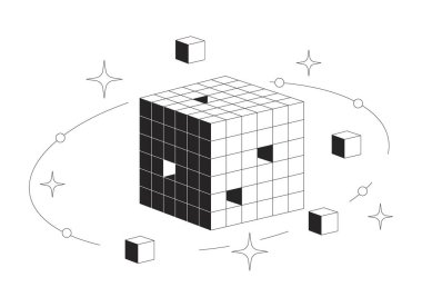 Yörüngedeki bloklar ve 2D çizgi nesneleriyle dijital veri küpü. Yüksek teknoloji fütüristik teknoloji modeli. Geometrik yapı izole edilmiş Clipart vektör mürekkep ana hatları ögesi. Tek renkli nokta illüstrasyonu