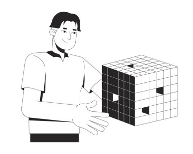Uçan dijital veri küpü 2D çizgi karakterini sunan Asyalı bir adam. Geometrik şekilli Koreli erkek profesyonel ışık yalıtılmış vektör mürekkebi yayıyor. Monokromatik nokta çizimi