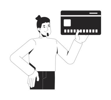 Kredi kartı 2D çizgi karakteri olan kendine güvenen beyaz bir adam. Kişisel finans üzerinde kontrol. Dijital ödeme. Adamın kredi kartı izole edilmiş vektör mürekkep taslak kişisi. Monokromatik nokta çizimi