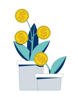 Madeni para bitkileriyle mali büyüme 2D karikatür objesi. Kâr yatırımı, tasarruf ekimi. Bir dolarlık saksılar beyaz üzerine izole edilmiş element düz vektör klipsleri sergiliyor. Benek illüstrasyonu