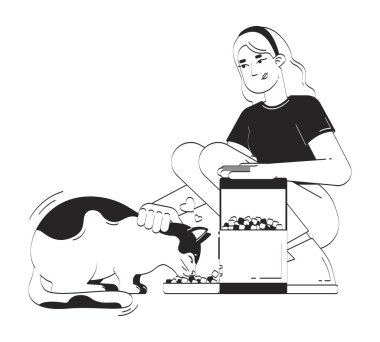 Otomatik kedi besleyicisi çizgi çizimi. Akıllı evcil hayvan teknolojisi. Yemek dağıtıcısını kontrol et. Kediciği besleyen IoT cihazı beyaz üzerine izole edilmiş 2D çizgi mürekkep karakteri. Tek renkli vektör ana hatları elle çizilmiş