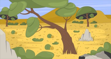 Ağaçlar ve çalıların düz resimli olduğu Afrika savanası manzarası. Kaya bitki örtüsü olan çöl savanı ortamı. Safari arazisi 2D karikatür arka planı. Renkli sahne vektör sanat resmi