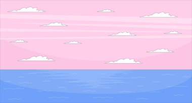 Sakin okyanusun düz arkaplanının üzerinde pembe günbatımı gökyüzü. Deniz manzarası. Deniz manzarası. Okyanus manzarası. Beyaz bulutların altında huzurlu deniz suyu 2D karikatür arka planı. Renkli sahne vektör sanat resmi