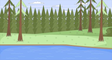 Çam ağaçları düz resimli huzurlu orman gölü. Lakeside manzara ormanlık ladin. Doğa kozalaklı. Woods River Suyu 2D çizgi film arkaplanı. Renkli sahne vektör sanat resmi