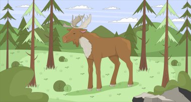 Dağ ormanlarında duran geyik düz çizimler yapıyor. Çam ağaçları ve yuvarlanan tepelerle çevrili orman hayvanı. Geyik yaban hayatı 2D karakter çizgi film geçmişi. Renkli sahne vektör sanat resmi