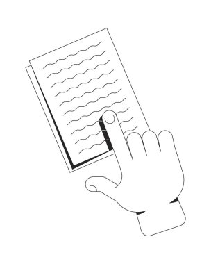 Etkileşimli okuma jesti tasviri. Yazılı içerikli kullanıcı bağlantısı. 2B vektör resmi siyah ve beyaz olarak izole edilmiş belge sayfasındaki metni işaret eden el parmağı. Doğrusal çizim sanatı