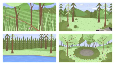 Açık hava manzaraları düz çizim arka planları. Otlaklar, çam ağaçları orman tepeleri, orman temizliği. Woodland, vahşi doğa, 2D karikatür arka planlar. Renkli sahneler vektör sanat resimleri koleksiyonu