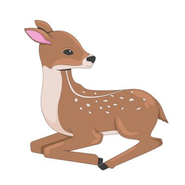 2 boyutlu çizgi film karakteri oturan sevimli bebek geyik. Sevimli hayvan dinleniyor. Orman yaratığı. Vahşi yaşam. Katlanmış bacaklı yavru geyik beyazı üzerinde izole edilmiş düz vektör yaratık. Benek illüstrasyonu renkli