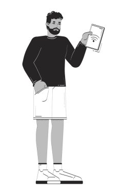 Elinde Wi-Fi sinyalli tablet tutan Afrikalı Amerikalı bir adam. Çizgi roman karakteri. Siyah erkek kablosuz ağ kullanıcısı kablosuz 2D vektör taslağı kullanıyor. El çizimi illüstrasyon monokrom
