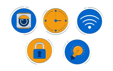 IOT akıllı ev simgeleri 2D karalama nesneleri seti. Güvenlik kamerası, saat, kablosuz ağ, kilit, ampul karikatür elementleri beyaz arka planda izole edilmiş düz vektör tırmanışları. El çizimi illüstrasyon koleksiyonu