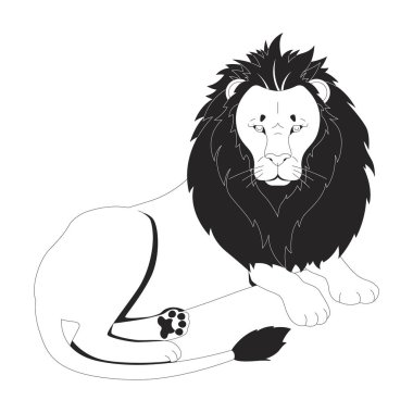 Gururlu aslan, yoğun bakışları ve şehvetli yelesi olan 2D çizgi karakteriyle yerde yatıyor. Vahşi hayvan. Savanna vahşi yaşam. Majestic Cat, vektör mürekkebi izole edilmiş yaratık. Monokromatik nokta çizimi