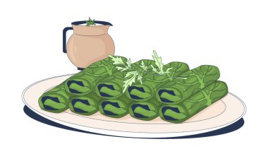 Yoğurt soslu Dolma doldurulmuş üzüm yaprakları 2D vektör çizimi. Türk yalçi sarması. Dolmades. Warak enab. Beyaz arkaplanda izole edilmiş otantik aperatif düz nesne. Renkli çizgi film resmi