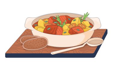Macar kebabı ekmek ve kaşık 2D vektör illüstrasyonuyla servis edilir. Biftekli güveç. Ev usulü ragout. Beyaz arka planda izole edilmiş otantik yiyecek düz nesnesi. Renkli çizgi film resmi