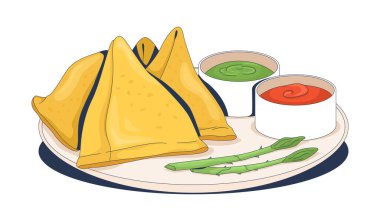 Kırmızı ve yeşil soslu samosa 2D vektör illüstrasyonlu. Punjab Hint pastası. Samboosa, soslar. Beyaz arkaplanda izole edilmiş otantik aperatif düz nesne. Renkli çizgi film resmi