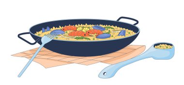 Kaşık ve çatal 2D vektör resimli deniz ürünleri paella 'sı. Valencia İspanyol mutfağı. Safran pirinç yemeği. Beyaz arka planda izole edilmiş otantik yiyecek düz nesnesi. Renkli çizgi film resmi