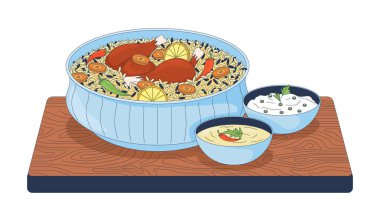 Raita ve shorba 2D vektör illüstrasyonlu tavuk biryani. Çubuklu Basmati pirinç kasesi. Pakistan mutfağı. Beyaz arka planda izole edilmiş otantik yiyecek düz nesnesi. Renkli çizgi film resmi