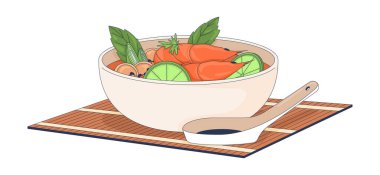 Tom yum çorbası 2D vektör illüstrasyonu. Sıcak ve ekşi Tom Yam Goong. Tayland mutfağı. Karidesli, otlu, limonlu deniz ürünleri kasesi. Beyaz arka planda izole edilmiş otantik yiyecek düz nesnesi. Renkli çizgi film resmi