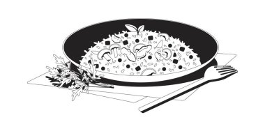 Mantarlı midye ve bezelye pilavı ve garnitür çizimi. İtalyan safranlı pirinç yemeği. Yemek tabağı. Otantik gıda 2D hat maddesi beyaza izole edildi. Tek renkli vektör mürekkep çizgisel resmi