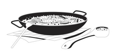 Tavada kaşık ve çatal çizgili deniz ürünleri paella 'sı. Valencia İspanyol mutfağı. Safran pirinç yemeği. Otantik gıda 2D hat maddesi beyaza izole edildi. Tek renkli vektör mürekkep çizgisel resmi