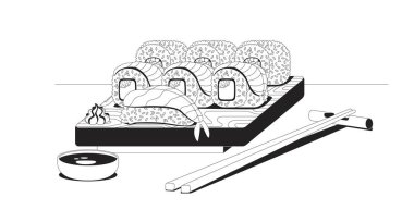 Çubuklu Japon suşi tabağı ve soya sosu çizimi. Somon dilimli deniz mahsulü maki nigiri. Otantik gıda 2D hat maddesi beyaza izole edildi. Tek renkli vektör mürekkep çizgisel resmi