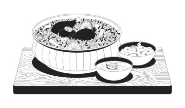 Raita ve Shorba hatlı resimli tavuk biryani. Çubuklu Basmati pirinç kasesi. Pakistan mutfağı. Otantik gıda 2D hat maddesi beyaza izole edildi. Tek renkli vektör mürekkep çizgisel resmi