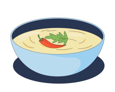 Baharatlı yoğurt sosu ve kırmızı biberli 2D karikatür nesnesi. Kişniş yaprağıyla çeşnili kremalı kase. Keskin bir tat. Aperatif tabağı izole edilmiş element düz vektör klipsi sanatı beyaz üzerine. Benek illüstrasyonu