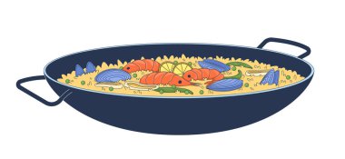 Geleneksel deniz ürünleri ve bezelye 2D karikatür nesneli paella. Karidesli safran pilavı, midye, tencerede kalamar halkaları. İspanyol yemeği beyaz üzerine izole edilmiş element düz vektör klipsi sanatı. Benek illüstrasyonu