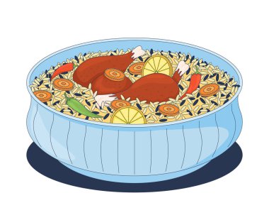 Limonlu, havuçlu ve biberli tavuk pulao biryani 2D çizgi film nesnesi. Acı biberli ve tavuk bacaklı Basmati pilavı. Hint mutfağı beyaz üzerine izole edilmiş düz vektör klipsi sanatı. Benek illüstrasyonu