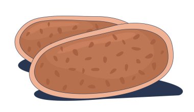 Tam tahıllı ekmek 2D karikatür nesnesi. Buğday kabuğu, sade dilimlenmiş ekmek. Taze yemek. Esnaf besin maddesi. Fırın ürünü, beyaz üzerine izole edilmiş element düz vektör klipsi sanatı. Benek illüstrasyonu