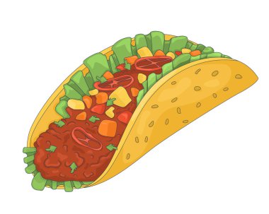 Baharatlı taco ve taze sebzeli 2D çizgi film nesnesi. Meksika yemeği. Şenlik yemeği. Baharatlı sığır etli mısır tortilla beyaz üzerine izole edilmiş düz vektör klipsli sanat. Benek illüstrasyonu