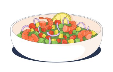 2D karikatür nesnesinde karides sebze salatası. Limon dilimli deniz ürünleri sebzeleri. Sağlıklı öğle yemeği. Protein yemeği. Sebiche seviche izole element düz vektör klipsleme sanatı beyaz üzerine. Benek illüstrasyonu