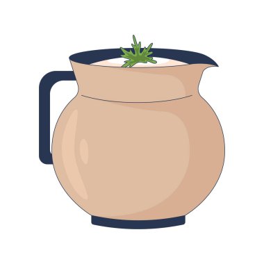 Kişniş garnitürlü tereyağlı sürahi 2D çizgi film nesnesi. Kil sürahide yoğurt içiliyor. Hint Lassi 'si otla kaplanmış. İçecek kabı beyaz üzerine izole edilmiş element düz vektör klipsi sanatı. Benek illüstrasyonu