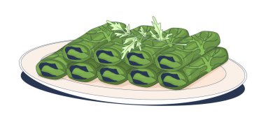 Tabak 2D karikatür nesnesinde servis edilen üzüm yaprakları. Lahana ruloları. Dolma tabağı. Aperatifler. Yaprak sargıları. Kültürel mutfak yalıtılmış element düz vektör klipsi sanatı beyaz üzerine. Benek illüstrasyonu