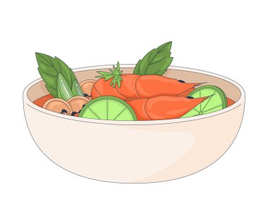 Limonlu ve otlu karides çorbası kasesi 2D karikatür nesnesi. Karides, sebze ve mantarlı baharatlı deniz ürünleri çorbası. Tom beyaz üzerine yalıtılmış element düz vektör klipsi sanatı. Benek illüstrasyonu