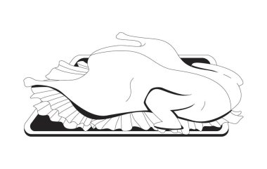 Bütün tavuğu marullu garnitürle kızarttım. Tepside servis edilen 2D çizgi nesnenin üstünde. Şükran Günü yemeği. Yemek süsü. Pişmiş kümes hayvanları izole edilmiş Clipart vektör mürekkep ana hatları ögesi. Tek renkli nokta illüstrasyonu