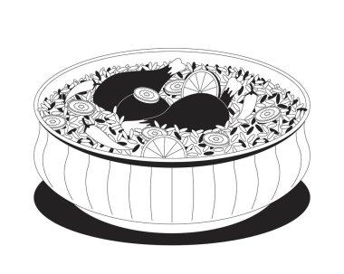 Limonlu, havuçlu ve biberli tavuk pulao biryani. Acı biberli ve tavuk bacaklı Basmati pilavı. Hint mutfağı, klipart vektör mürekkep ana hatları öğesini izole etti. Tek renkli nokta illüstrasyonu