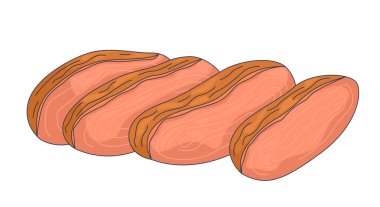 Dilimlenmiş domuz eti, 2D çizgi film nesnesi. Çiğ çiğ et ve yağlı mermer. Yemek malzemesi. Taze protein. Chashu yemek hazırlama, beyaz üzerine izole element düz vektör klipsleme sanatı. Benek illüstrasyonu