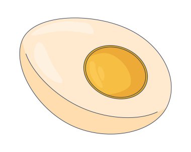 Haşlanmış yumurta 2D çizgi film nesnesi. Protein besin dilimi. Kahvaltılık yemek malzemesi. Haşlanmış yumurta sarısı. Yarı pişmiş yumurta izole element düz vektör klipsleme sanatı beyaz üzerine. Benek illüstrasyonu