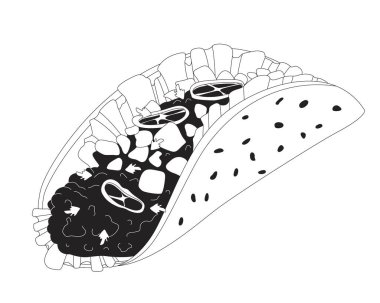 Baharatlı taco ve taze sebzeli 2D marka nesne. Meksika yemeği. Şenlik yemeği. Baharatlı sığır eti ile mısır tortilla izole edilmiş klipart vektör mürekkep ana hatlı öğe. Tek renkli nokta illüstrasyonu