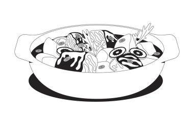 Sebzeli güveç ve 2 boyutlu et parçaları. Seramik kasede patates, havuç ve taze otlarla konforlu yemekler izole edilmiş klişe vektör mürekkep ana hatları. Tek renkli nokta illüstrasyonu