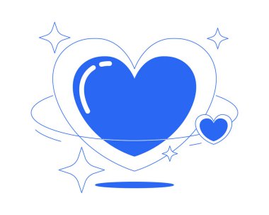 Y2K, gezegen hattına bayılıyor. Yıldızların yörüngesinde yüzen kalp. 2000 'lerin fütüristik rüya retro romantizm anahatları 2D kavramı izole edildi. Mürekkep doğrusal metafor vektör sanatı