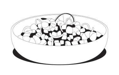 Servis kâsesinde karides sebze salatası, 2D çizgi nesnesi. Limon dilimli deniz ürünleri sebzeleri. Sağlıklı öğle yemeği. Protein yemeği. Sebiche seviche clipart vektör anahat ögesi izole edildi. Tek renkli nokta illüstrasyonu