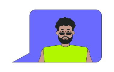 2D çizgi film karakteri içinde güneş gözlüğü olan sakallı siyah adam avatarı. İnternet profili. Sosyal medya. Çevrimiçi iletişim yassı vektör kişisi beyaza izole edildi. Benek illüstrasyonu renkli