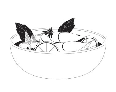 Limonlu ve otlu karides çorbası kasesi. Karides, sebze ve mantarlı baharatlı deniz ürünleri çorbası. Tom yalıtılmış Clipart vektör ana hatlı öğe. Tek renkli nokta illüstrasyonu
